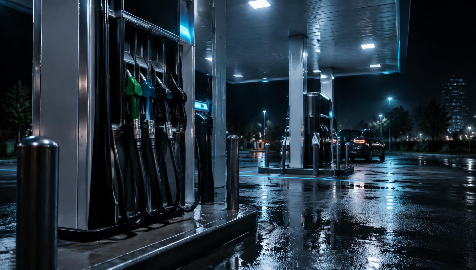 Bombas dispensadoras de combustible en una estación de servicio moderna iluminada de noche