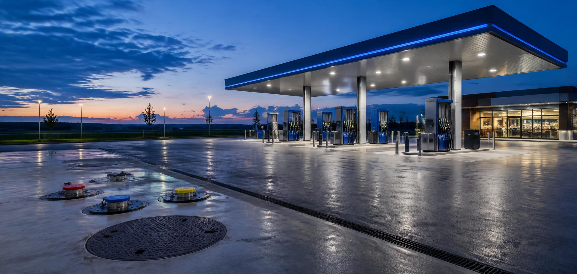 Vista panorámica de una estación de servicio moderna con área de tanques y zona de bombas dispensadoras