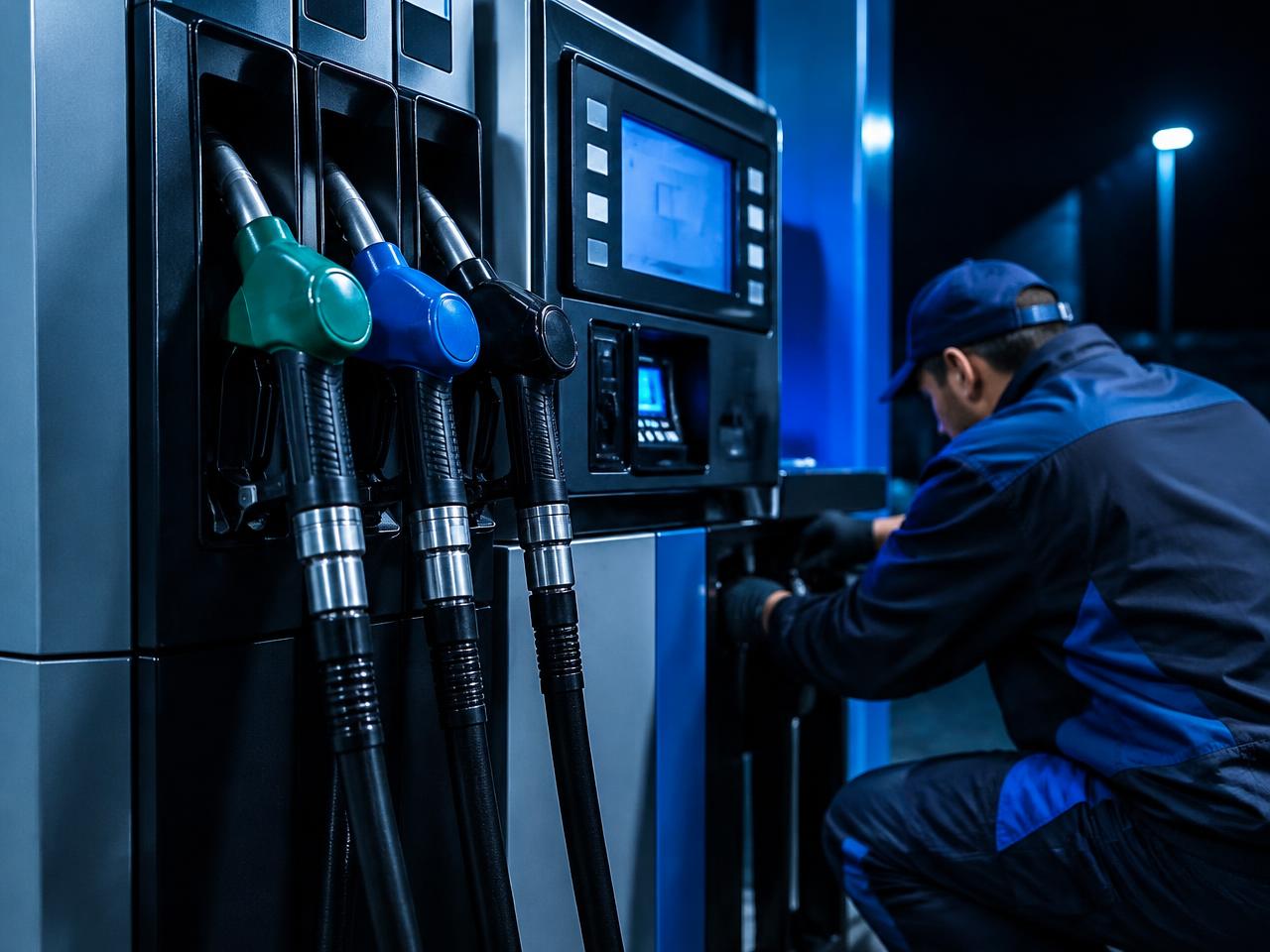 Técnico trabajando en bombas dispensadoras de combustible modernas