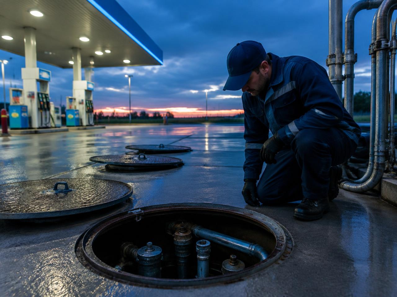 Técnico inspeccionando el acceso a tanques de almacenamiento de combustible en una estación de servicio