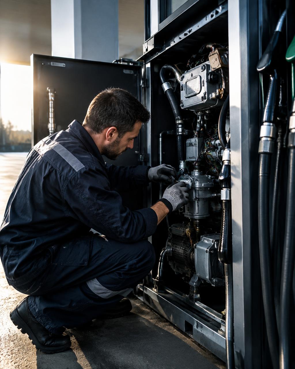 Técnico realizando mantenimiento interno a una bomba dispensadora de combustible